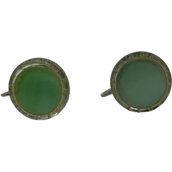 Vintage 1960s Mint Green Round Screw Back Earrings Art Deco Mid Century Mod - Picture 3 of 8